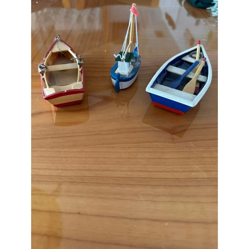 Set of 3 Miniature Wooden‎ Boats Nautical Coastal Decor Rowboat Sailboat Oars